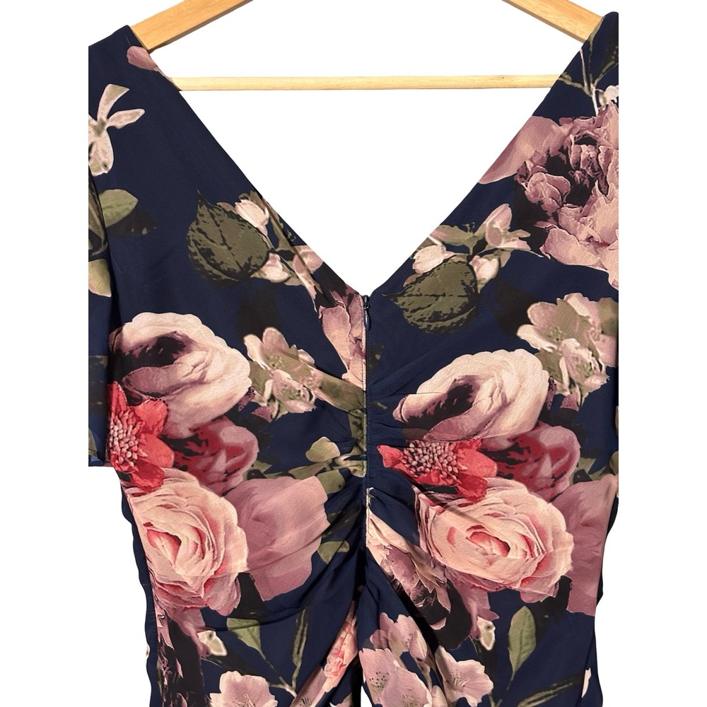 Xscape Women 12 Navy Blue Floral Chiffon Ruched Tiered Ruffle Gown 4959X - Picture 7 of 8